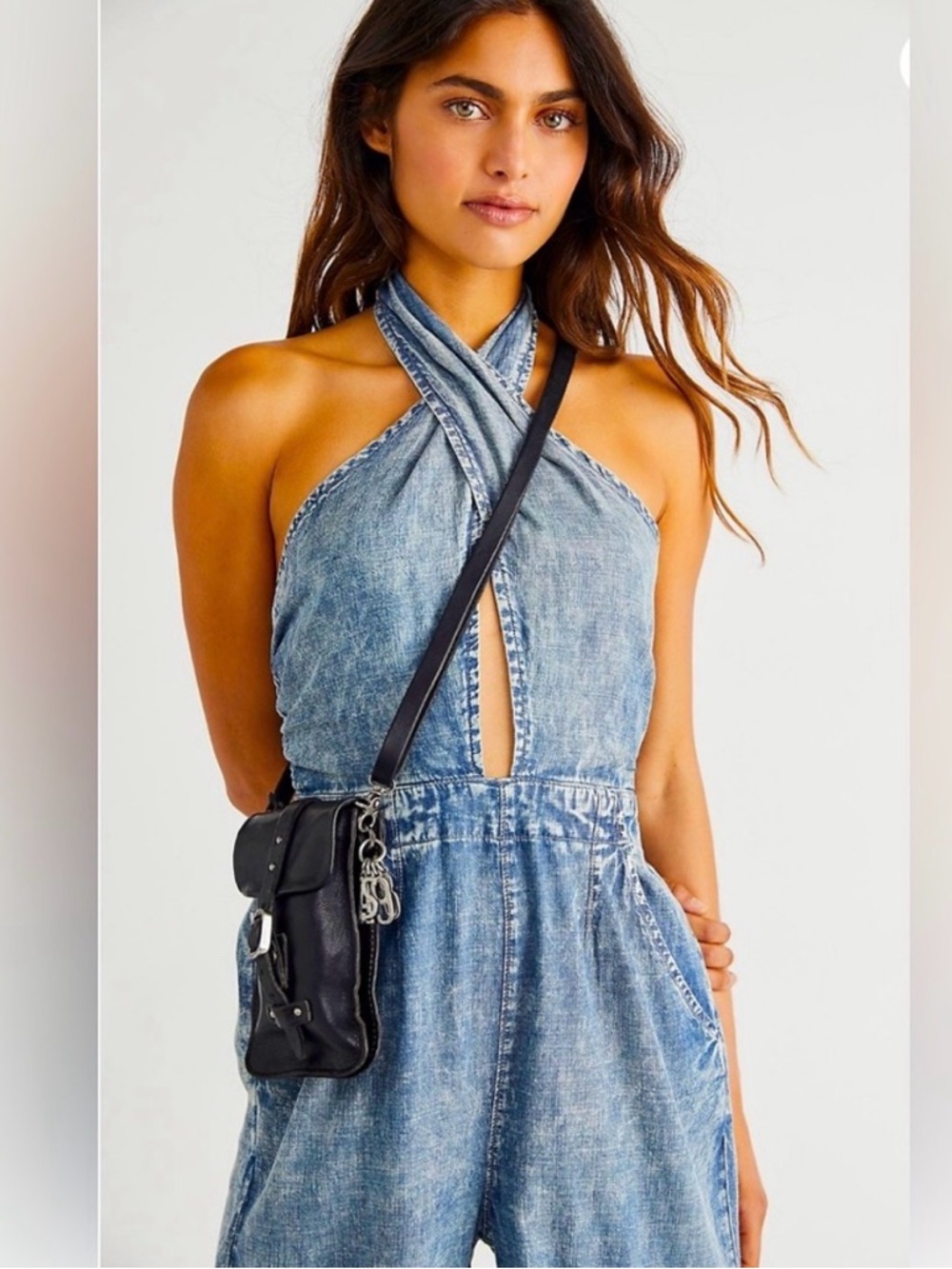 Free People Blue Washed Denim Halter Jumpsuit